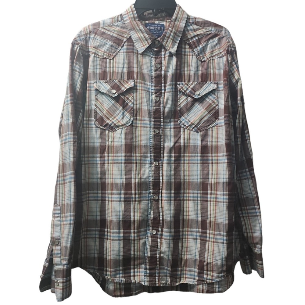 Aeropostale Plaid Pearl Snap Button Up Shirt Men's L Slim Fit Long Sleeve Casual